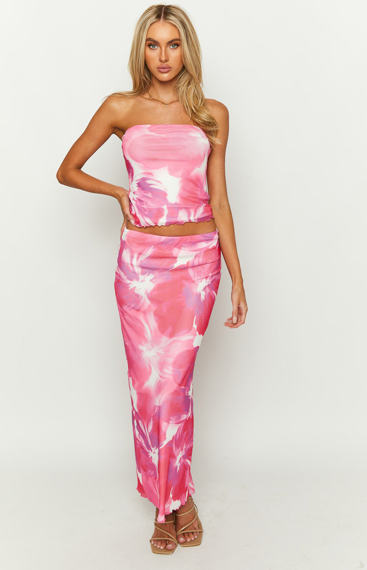 High-waisted pink floral mesh maxi skirt with a bodycon fit, ruched side, and lettuce hem