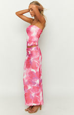 When In Rome Pink Floral Print Mesh Maxi Skirt Image