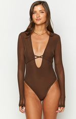 Whimsi Brown Mesh Long Sleeve Bodysuit Image