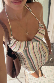 Multi stripe halter neck mini dress with a ruched bust and thin halter straps