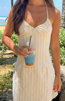 Beginning Boutique Wiley Yellow Stripe Halter Neck Mini Dress yellow and white stripe halter neck mini dress with sweetheart