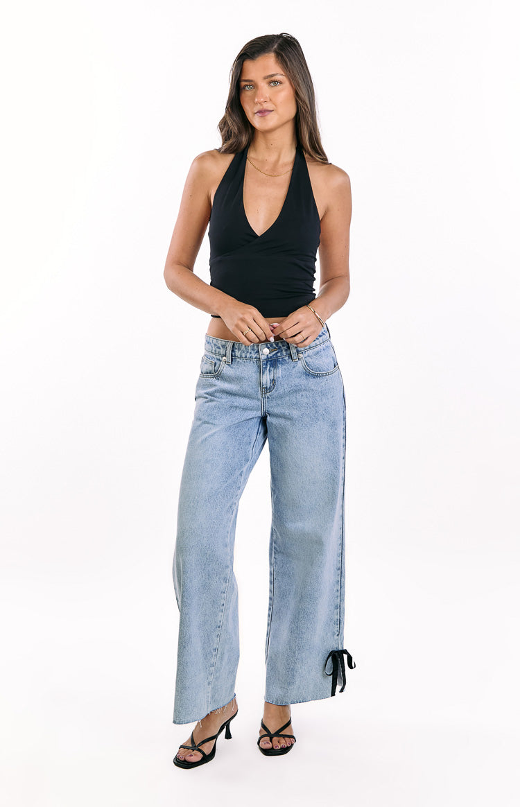 Willabelle Light Wash Denim Bow Hem Low Rise Jeans Image