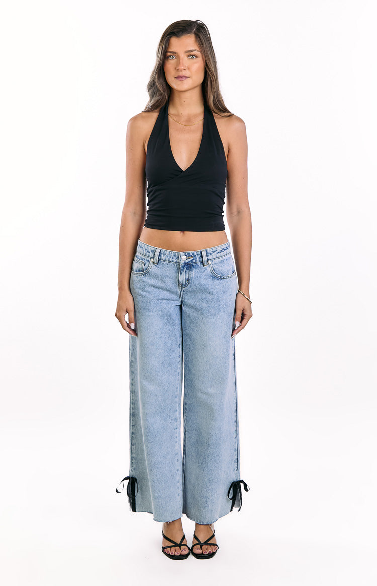 Willabelle Light Wash Denim Bow Hem Low Rise Jeans Image