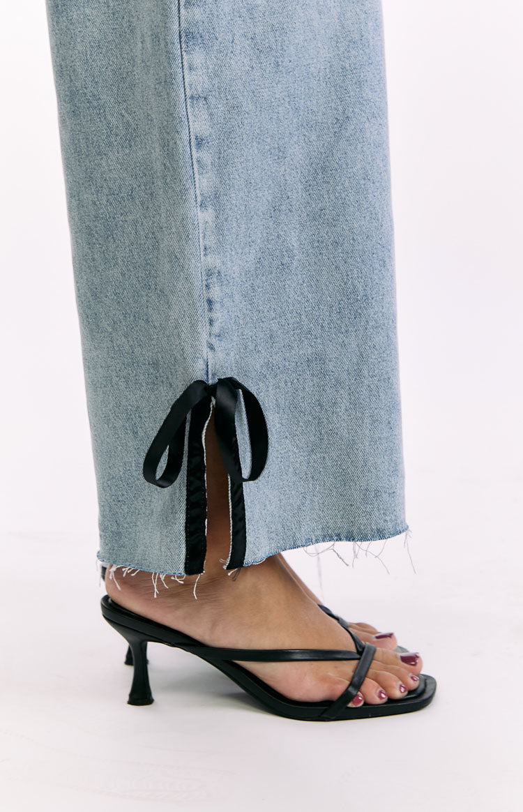 Willabelle Light Wash Denim Bow Hem Low Rise Jeans Image
