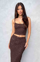 Beginning Boutique Willow Brown Lace Tank Top brown lace crop tank top with spaghetti straps and fitted silhouette