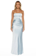 Front view of a blue satin strapless maxi dress featuring a fitted bodice and draped ruched detail at the hip