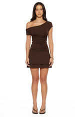 Front view of a brown off-shoulder mini dress with ruched body and layered skirt