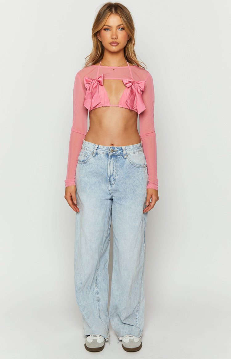 Pink mesh long sleeve bolero with a separate bra top featuring large satin bows on the front