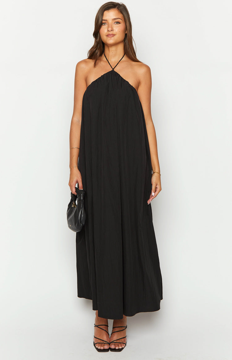 Beginning Boutique Ziggy Black Halter Neck Maxi Dress black crinkled halter neck maxi dress with thin string ties and a relaxed fit