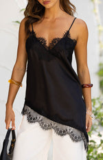 Ziva Black Satin Lace Trim Asymmetrical Top Image
