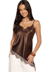 Ziva Brown Satin Lace Asymmetrical Top Image