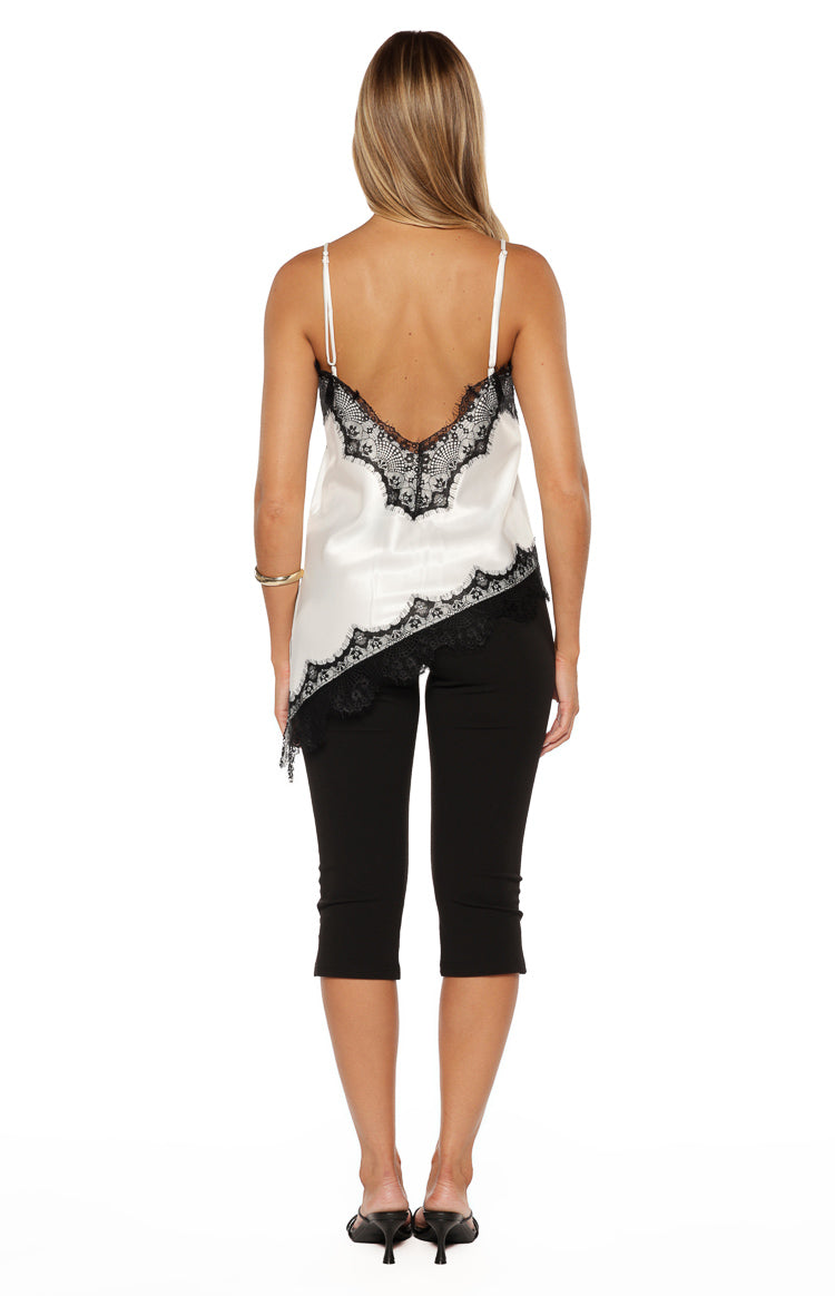 Ziva White Satin Lace Trim Asymmetrical Top Image