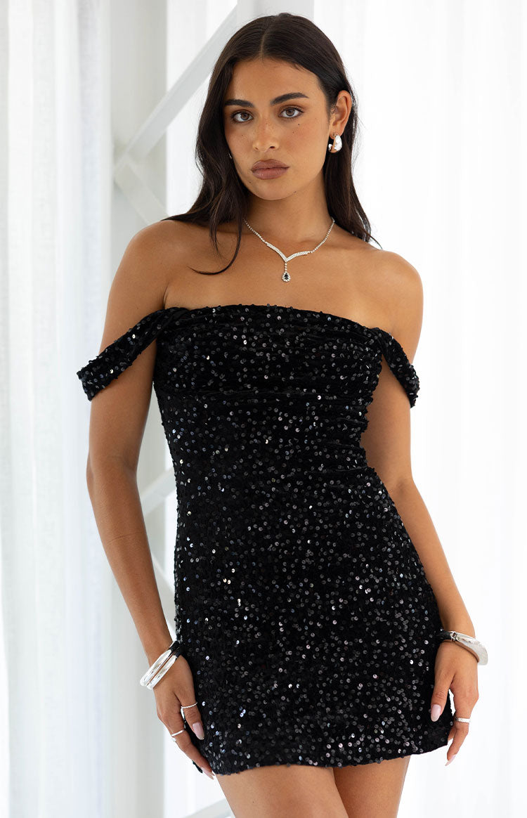 Zoella Black Velvet Sequin Off The Shoulder Mini Dress Image