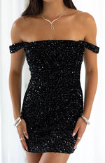 Zoella Black Velvet Sequin Off The Shoulder Mini Dress Image