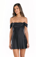 A classic black satin off-the-shoulder mini dress- designed with a ruched bodice and a draped neckline- perfect for homecoming or formal occasion.