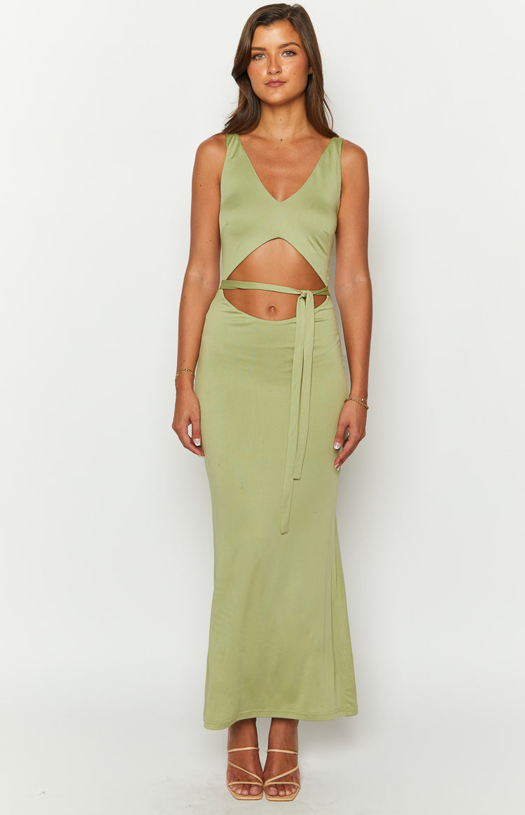 Beginning Boutique Zuri Khaki Maxi Dress khaki sleeveless V-neck maxi dress with waist cutouts and tie detail
