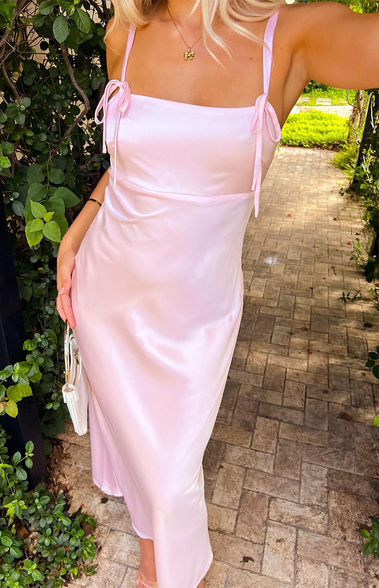 Light pink satin maxi dress with square neckline and tie-shoulder spaghetti straps