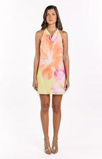 Zyla Yellow Hibiscus Floral Print Cowl Mini Dress Image