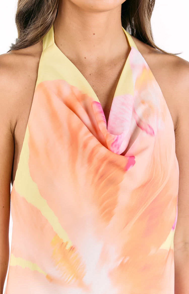 Zyla Yellow Hibiscus Floral Print Cowl Mini Dress Image