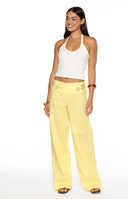 Beginning Boutique Alamara Yellow Floral Detail Wide Leg Pants yellow linen-look wide-leg pants with floral cutouts on the waistband