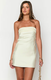 Front view of a cream strapless mini dress with a folded detail across the bust