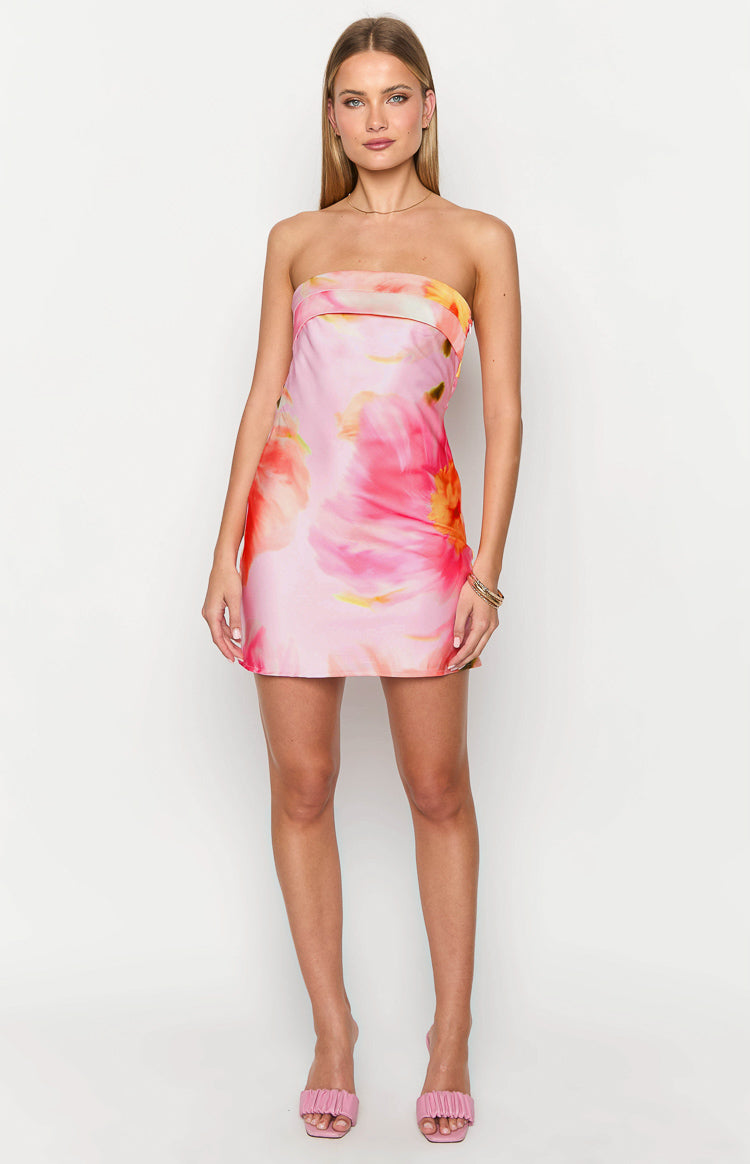 Front view of a pink floral strapless mini dress with a straight neckline and A-line skirt