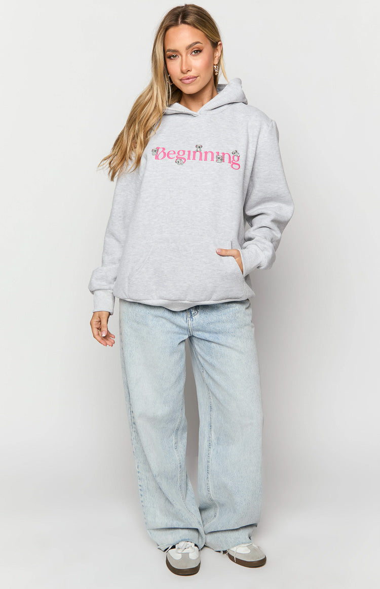 Oversized grey marl hoodie with pink 'Beginning' text, koala faces, ribbed cuffs and hem, and front pouch pocket
