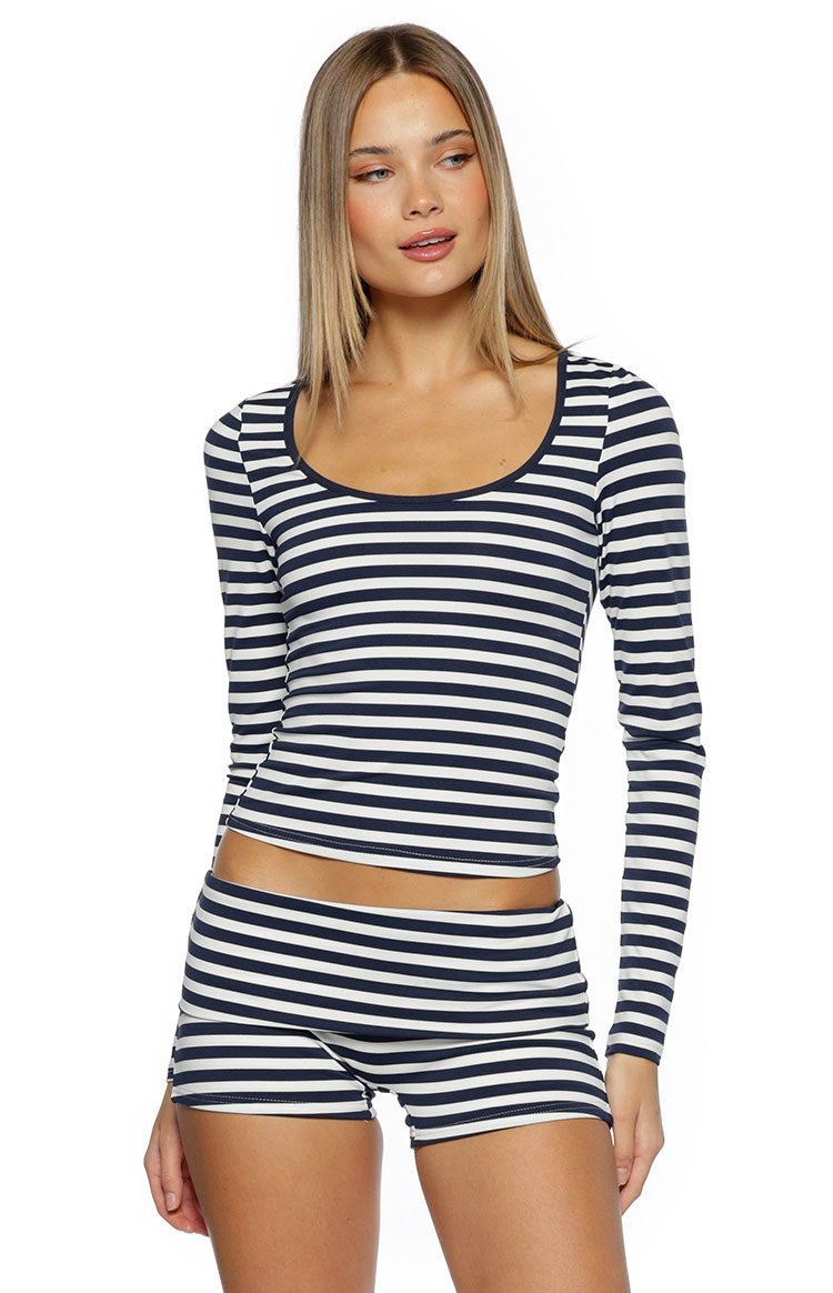 Front view of navy and white stripe micro shorts with a wide foldover waistband