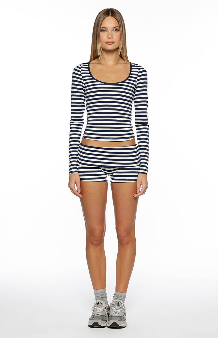 Bennie Navy Stripe Foldover Micro Shorts Image