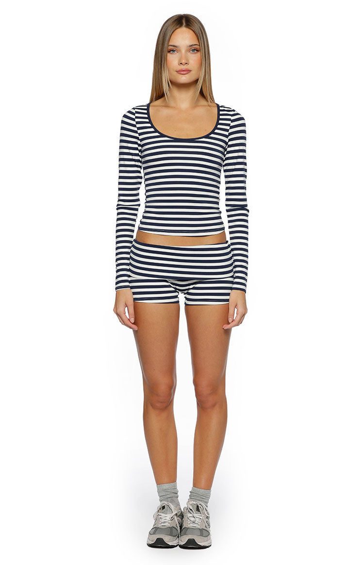 Front view of navy and white striped micro shorts with a foldover waistband and fitted silhouette