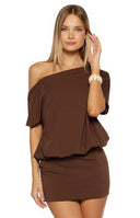 Beginning Boutique Bisou Brown Off Shoulder Mini Dress brown draped off-shoulder mini dress with a relaxed top and fitted ski
