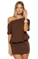 Brown off-shoulder mini dress with a blouson bodice, short draped sleeves, and a fitted skirt