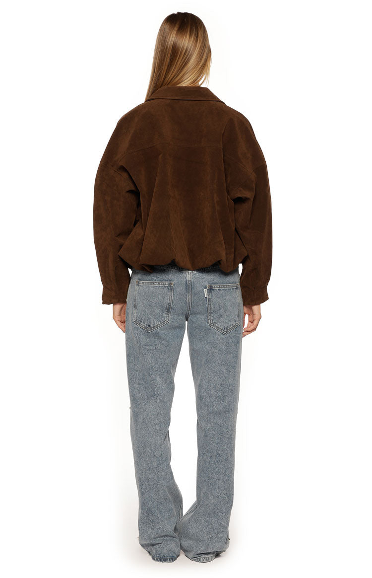 Rear view of a brown suedette bomber jacket with a collared neckline, elasticated hem, and cuffed sleeves
