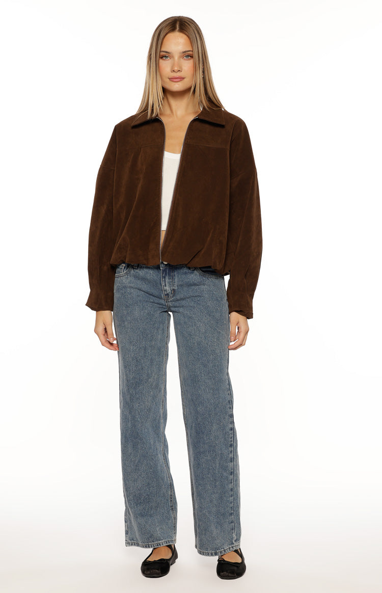 Brookie Brown Suedette Cuff Sleeve Bomber Jacket Image