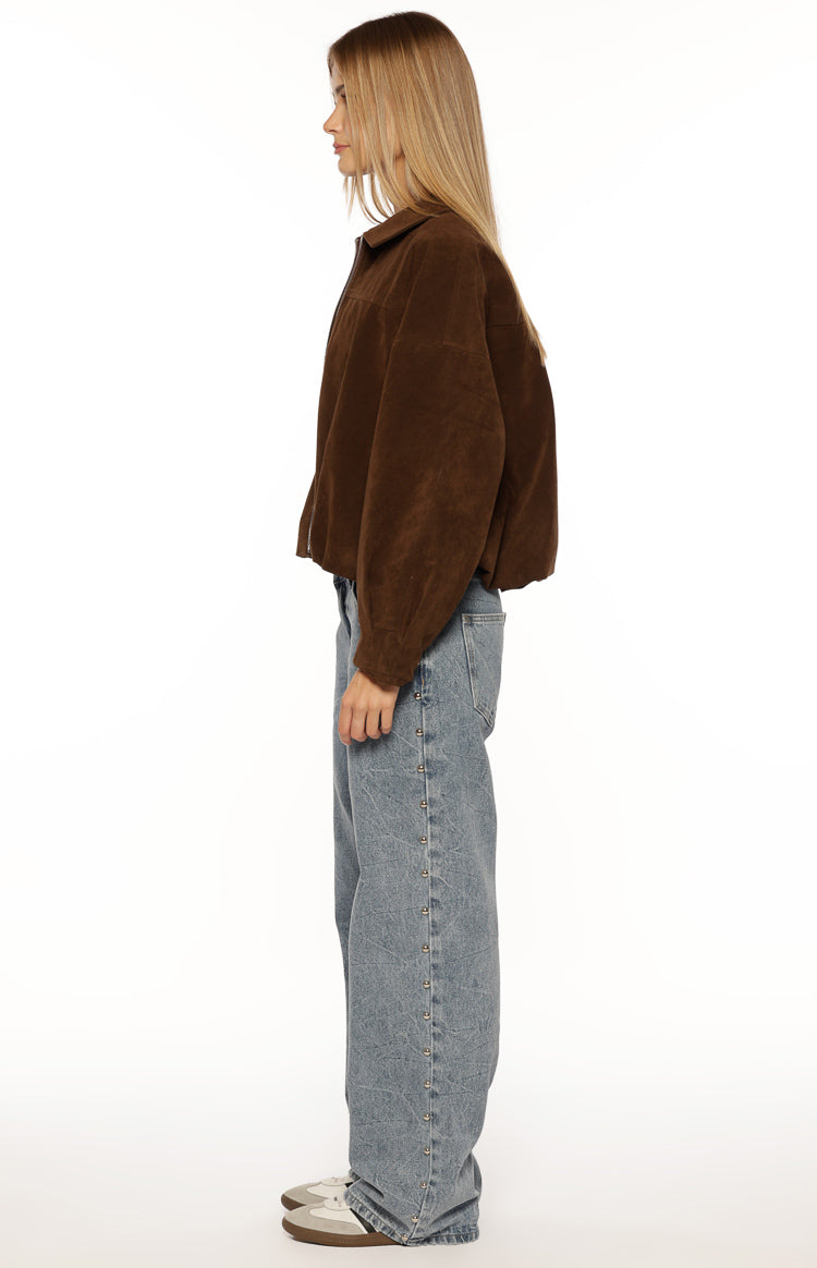 Brookie Brown Suedette Cuff Sleeve Bomber Jacket Image