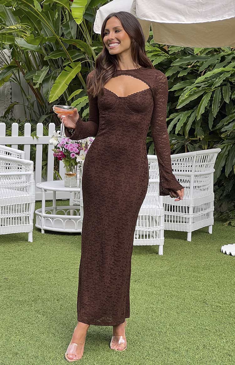 Beginning Boutique Camielle Brown Maxi Dress brown lace bodycon maxi dress with a high neck cutout sweetheart bust and long flared sleeves