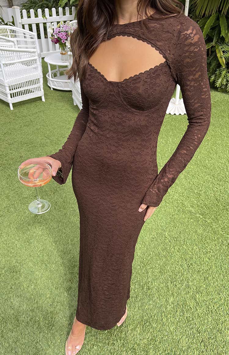 Bodycon brown lace maxi dress with a sweetheart neckline, large chest cutout, and long sleeves