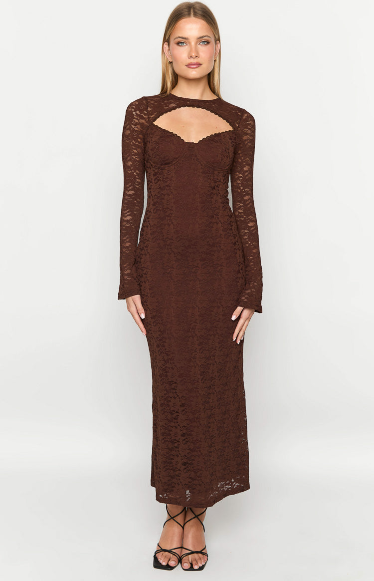 Brown lace maxi dress with a high neck, heart-shaped cutout, sweetheart bust, and long sleeves