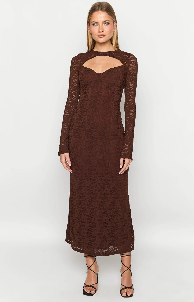 Brown lace maxi dress with a high neck and heart-shaped cutout over a sweetheart bust
