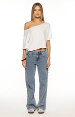 Charli Mid Wash Denim Studded Low Waist Baggy Leg Jeans Image