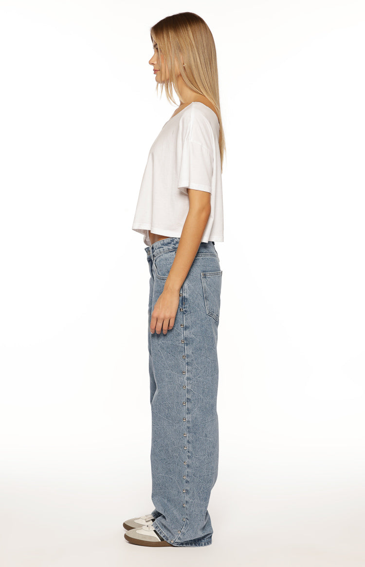 Charli Mid Wash Denim Studded Low Waist Baggy Leg Jeans Image
