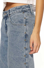 Charli Mid Wash Denim Studded Low Waist Baggy Leg Jeans Image