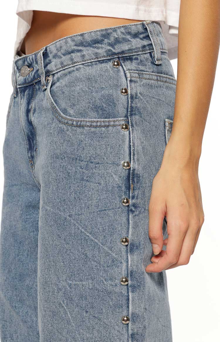 Charli Mid Wash Denim Studded Low Waist Baggy Leg Jeans Image