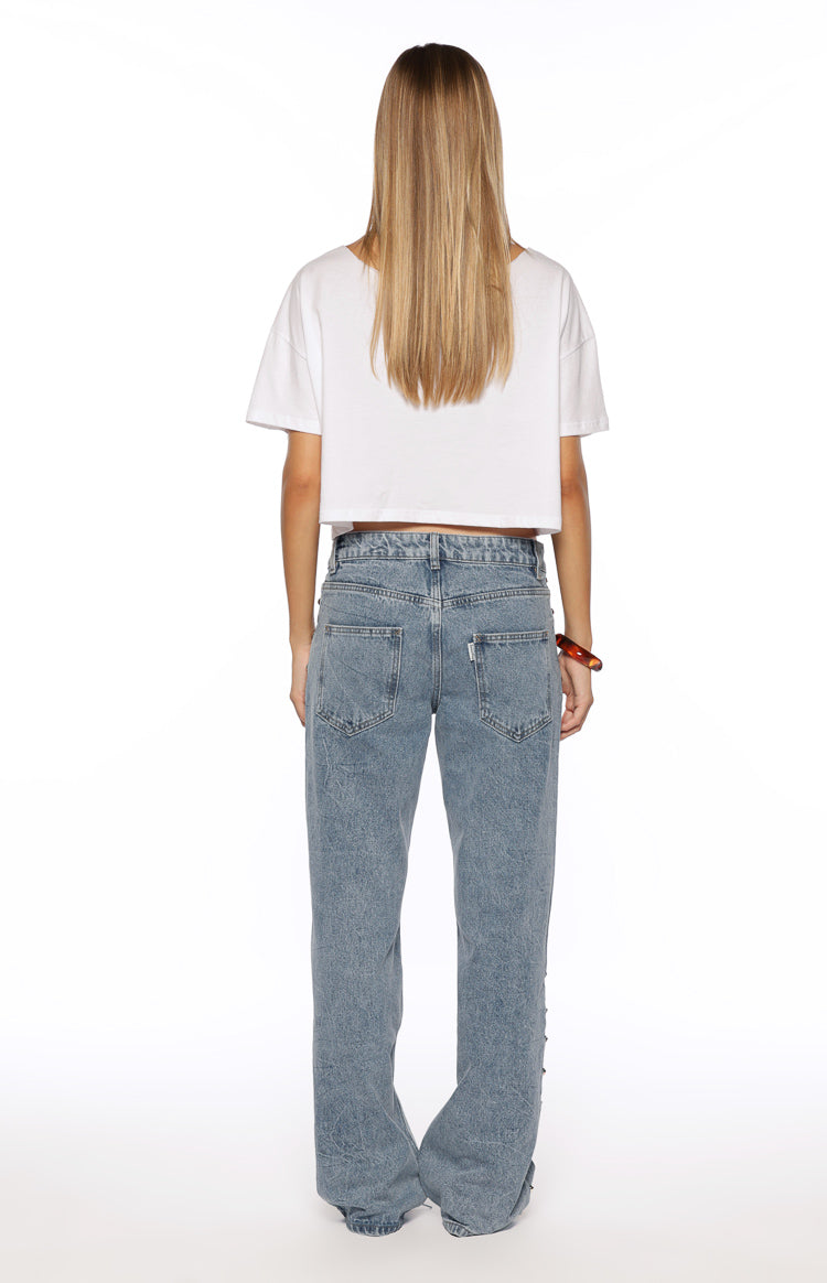 Charli Mid Wash Denim Studded Low Waist Baggy Leg Jeans Image