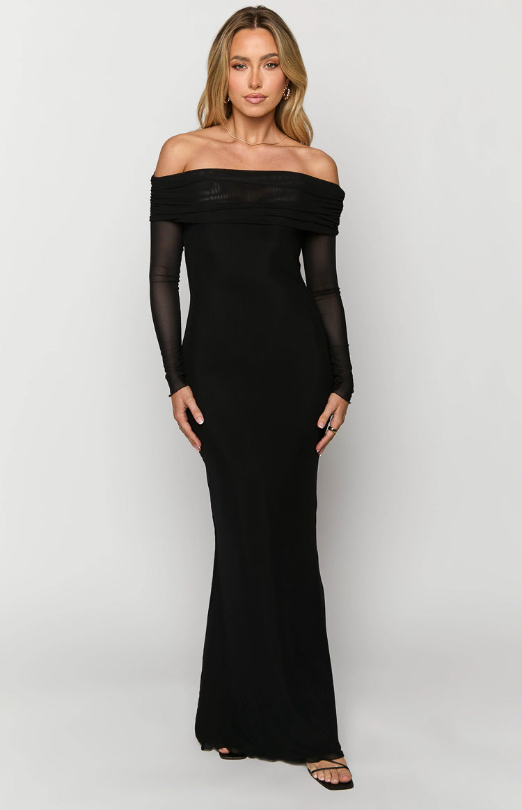 Black off-shoulder maxi dress with sheer ruched long sleeves and a fitted silhouette