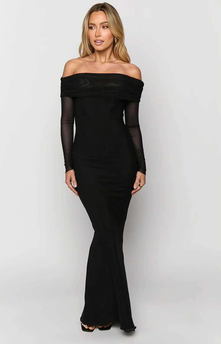 Black off-shoulder maxi dress with sheer long sleeves and a ribbed bodycon fit