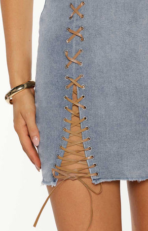 Danica Light Wash Denim Lace Up Strapless Mini Dress