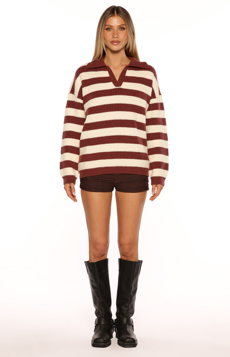 Daze Burgundy Stripe Polo Knit Sweater Image