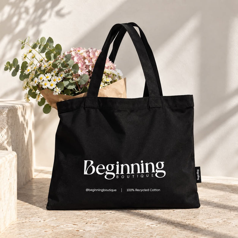 Beginning Boutique Tote Bag black 100% recycled cotton bag with white logo print
