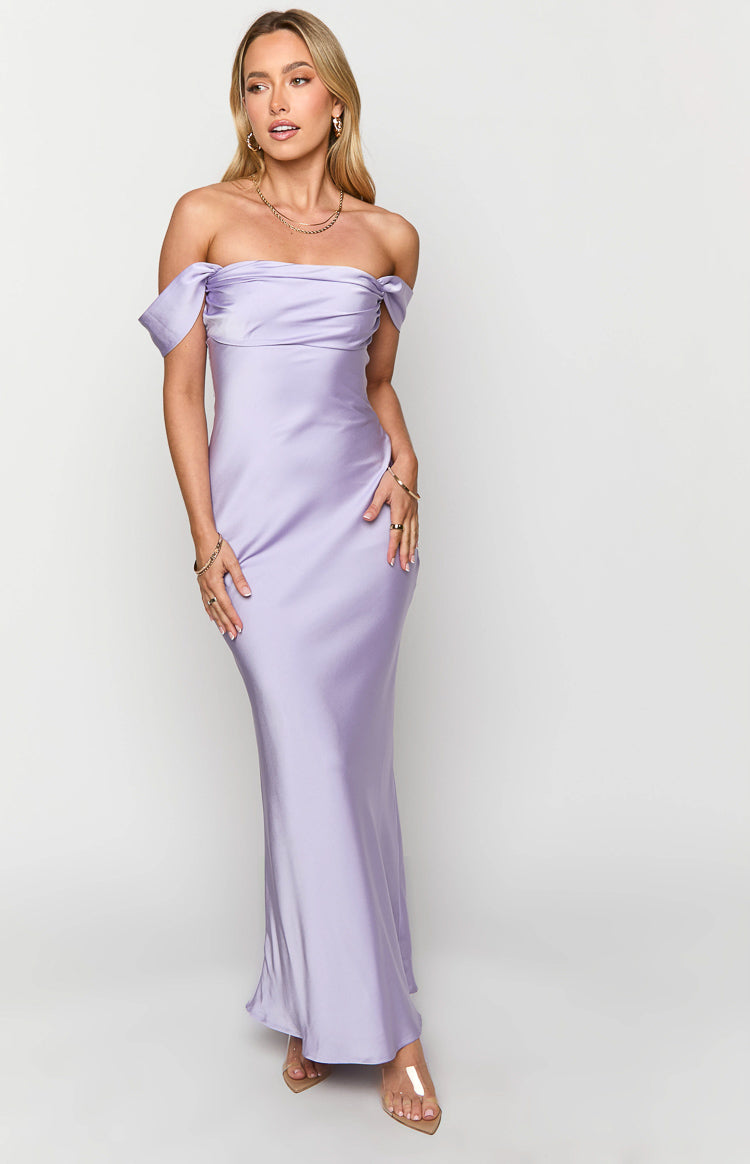 Lilac satin maxi dress with a folded and draped off-shoulder neckline and a form-fitting silhouette